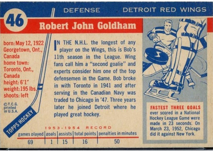 1954-55 Topps #46 Bob Goldham card back