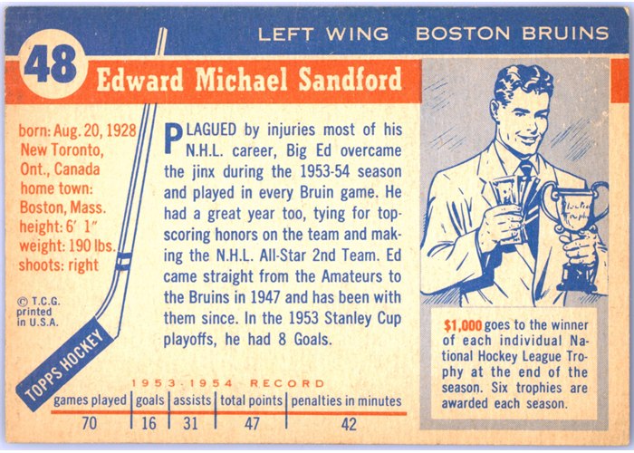 1954-55 Topps #48 Ed Sandford card back
