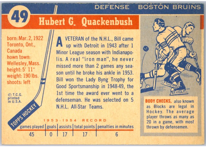 1954-55 Topps #49 Bill Quackenbush card back