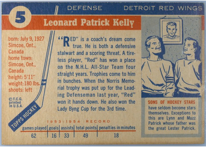 1954-55 Topps #5 Red Kelly card back