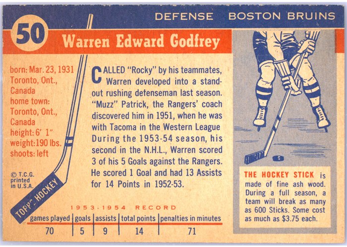 1954-55 Topps #50 Warren Godfrey card back