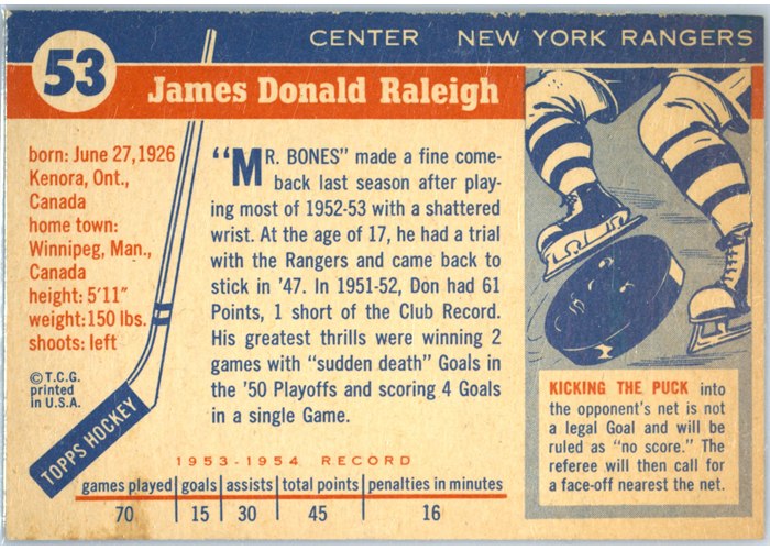 1954-55 Topps #53 Don Raleigh card back