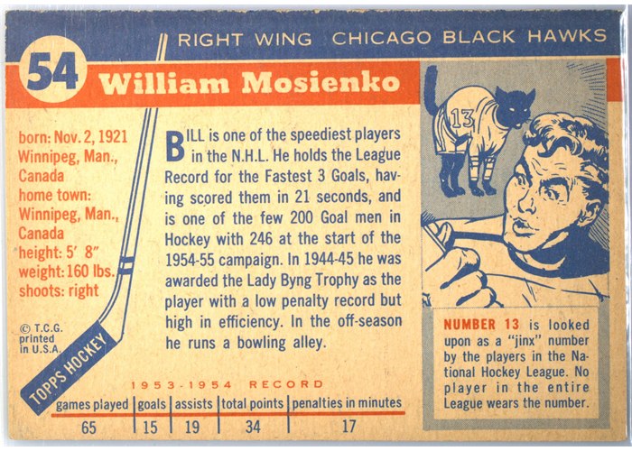 1954-55 Topps #54 Bill Mosienko card back