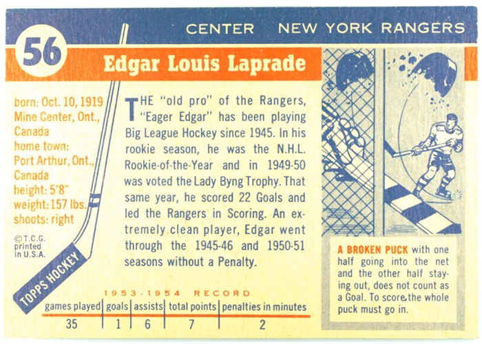 1954-55 Topps #56 Edgar Laprade card back