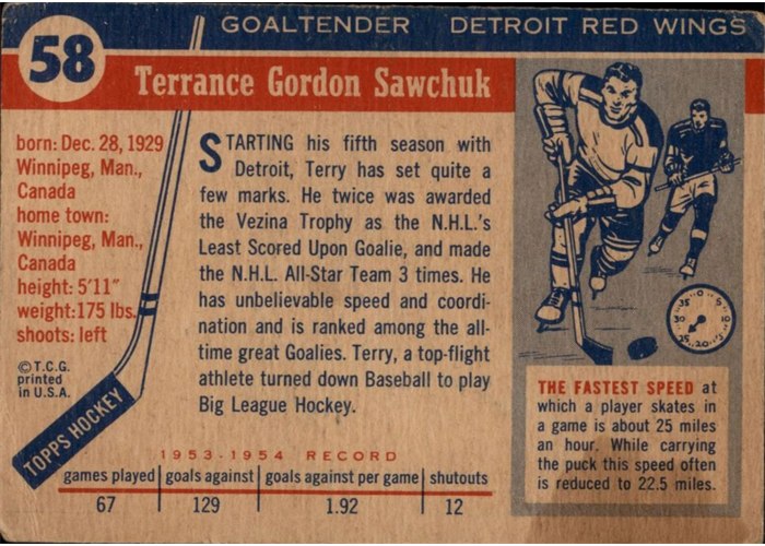 1954-55 Topps #58 Terry Sawchuk card back