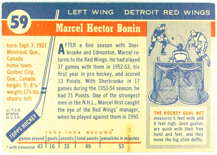 1954-55 Topps #59 Marcel Bonin card back