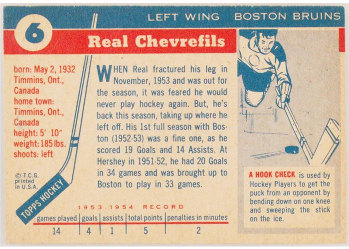 1954-55 Topps #6 Real Chevrefils card back