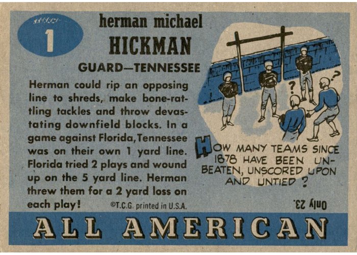 1955 Topps All-American #1 Herman Hickman card back