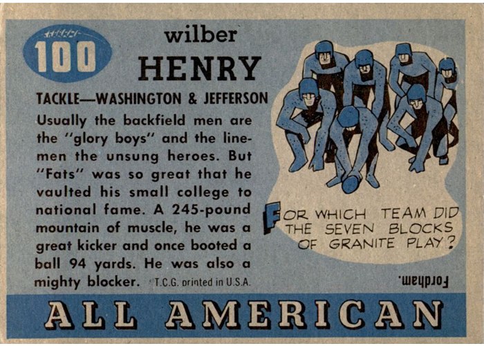 1955 Topps All-American #100 Fats Henry card back