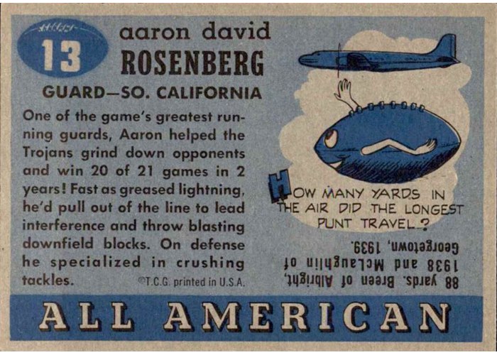 1955 Topps All-American #13 Aaron Rosenberg card back
