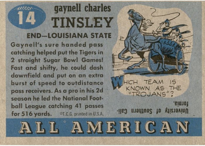 1955 Topps All-American #14 Gaynell Tinsley correct biography back