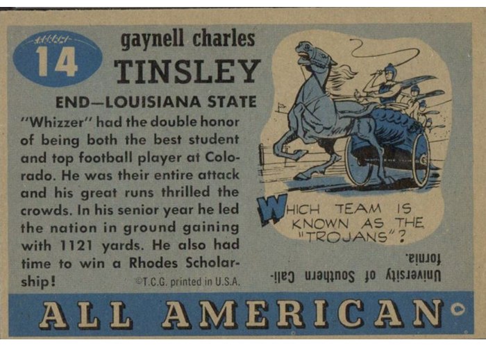 1955 Topps All-American #14 Gaynell Tinsley whizzer white biography back