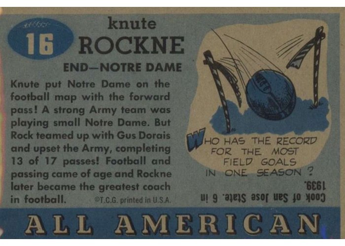 1955 Topps All-American #16 Knute Rockne card back