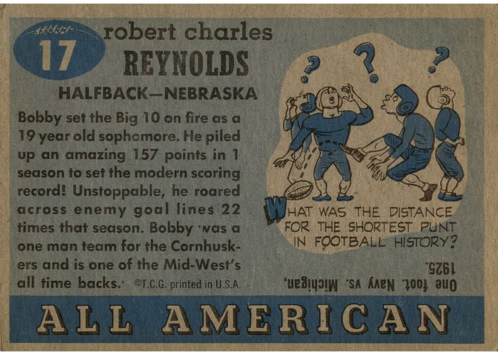 1955 Topps All-American #17 Bob Reynolds card back