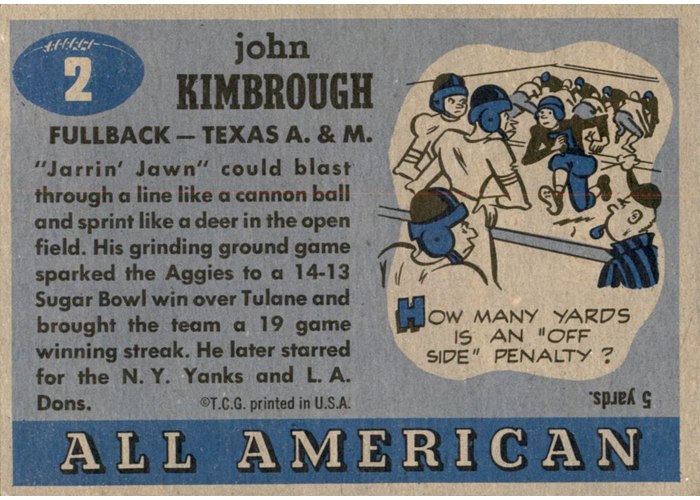 1955 Topps All-American #2 John Kimbrough card back