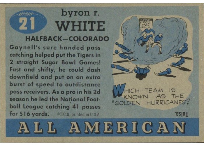 1955 Topps All-American #21 Whizzer White gaynell tinsley biography back