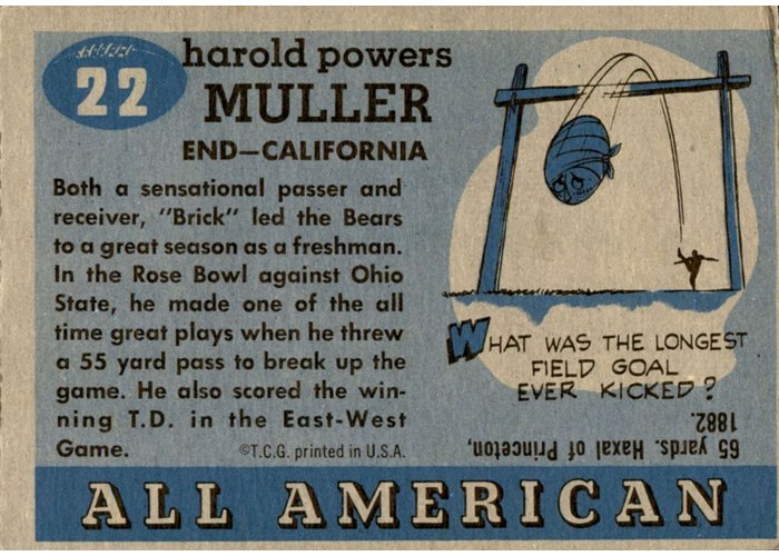 1955 Topps All-American #22 Brick Muller card back