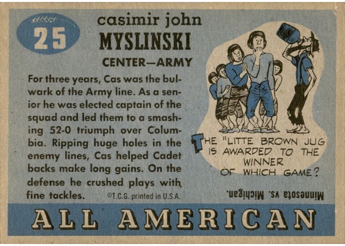 1955 Topps All-American #25 Cas Myslinski card back
