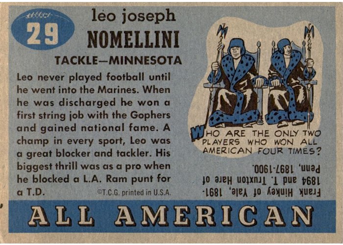 1955 Topps All-American #29 Leo Nomellini card back
