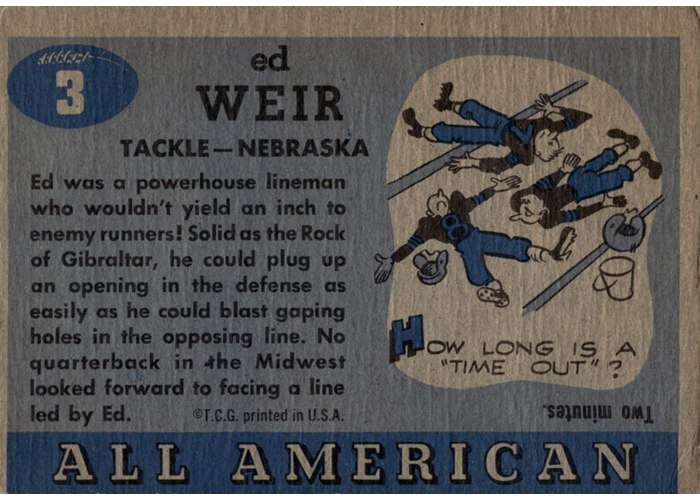 1955 Topps All-American #3 Ed Weir card back