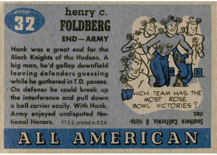 1955 Topps All-American #32 Hank Foldberg card back