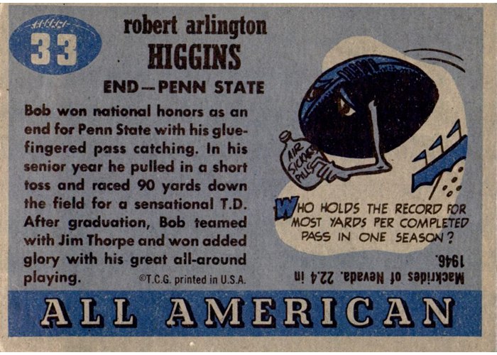 1955 Topps All-American #33 Bob Higgins card back
