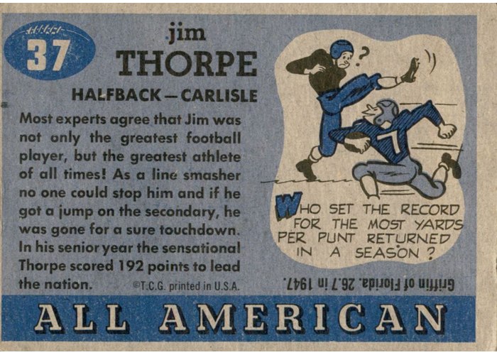 1955 Topps All-American #37 Jim Thorpe card back