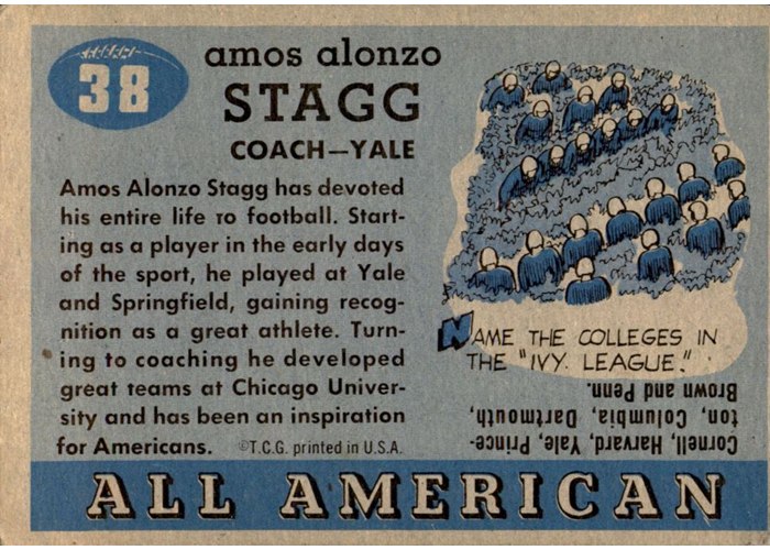 1955 Topps All-American #38 Amos Alonzo Stagg card back