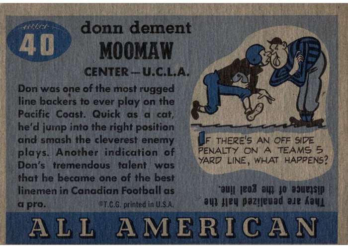 1955 Topps All-American #40 Donn Moomaw card back