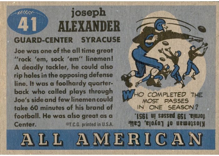1955 Topps All-American #41 Joe Alexander card back
