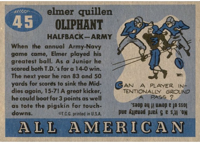1955 Topps All-American #45 Elmer Oliphant card back