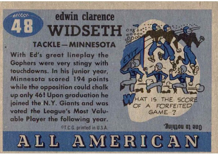 1955 Topps All-American #48 Ed Widseth card back