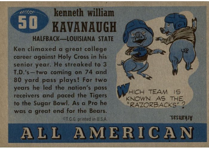 1955 Topps All-American #50 Ken Kavanaugh card back