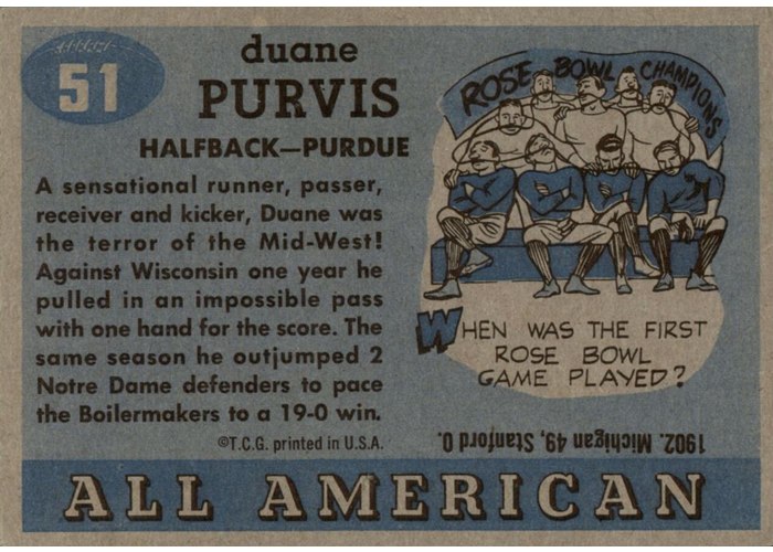 1955 Topps All-American #51 Duane Purvis card back