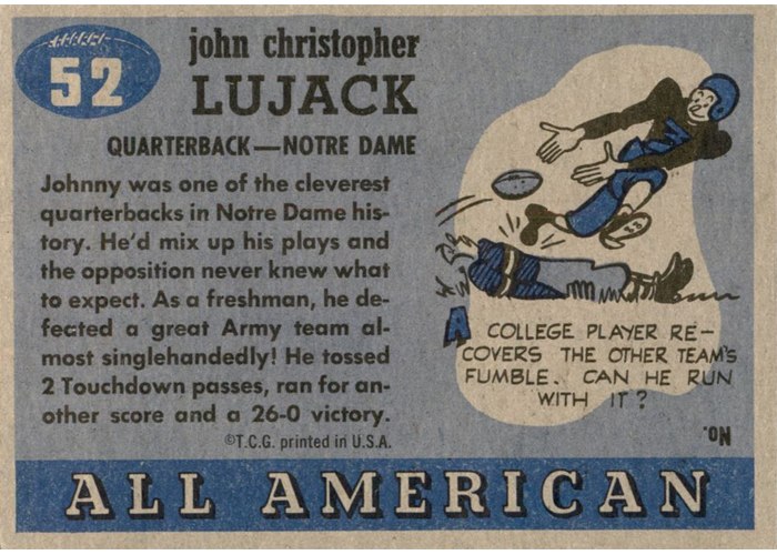 1955 Topps All-American #52 John Lujack card back