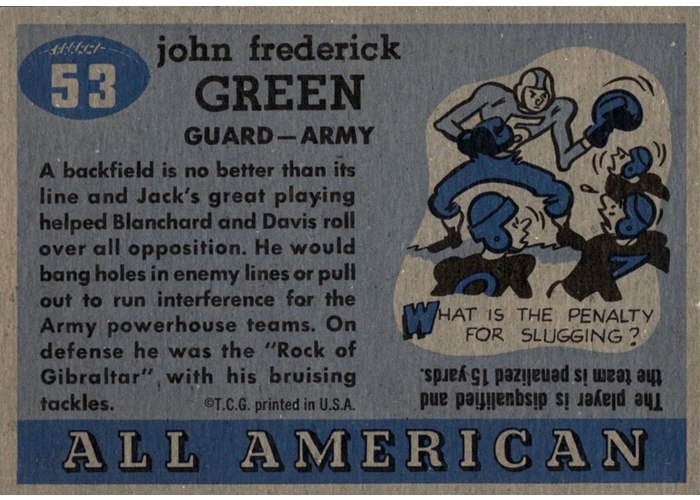1955 Topps All-American #53 Jack Green card back