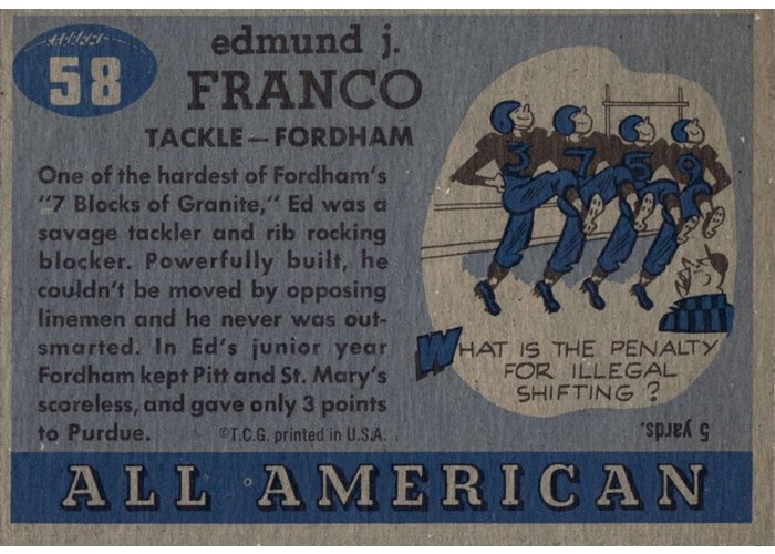 1955 Topps All-American #58 Ed Franco card back