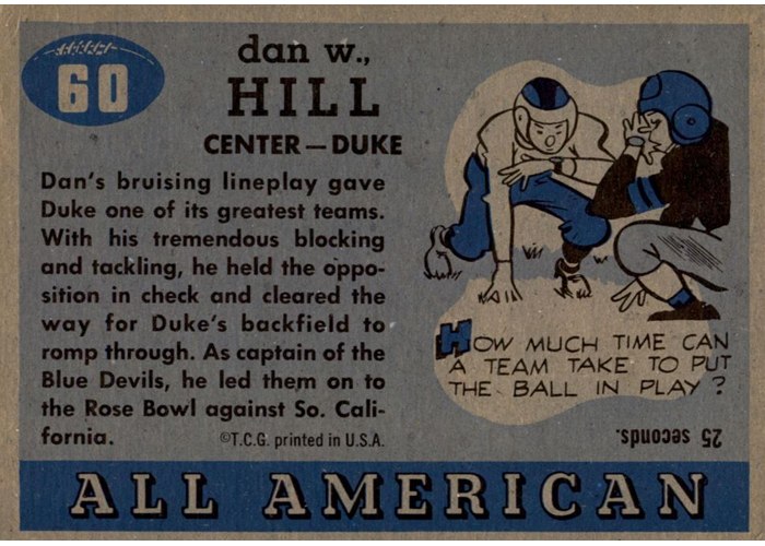 1955 Topps All-American #60 Tiger Hill card back