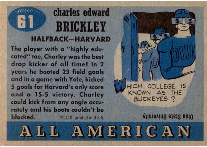 1955 Topps All-American #61 Charley Brickley card back