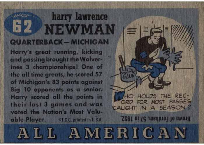 1955 Topps All-American #62 Harry Newman card back