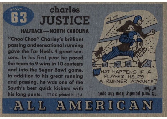 1955 Topps All-American #63 Charlie Justice card back