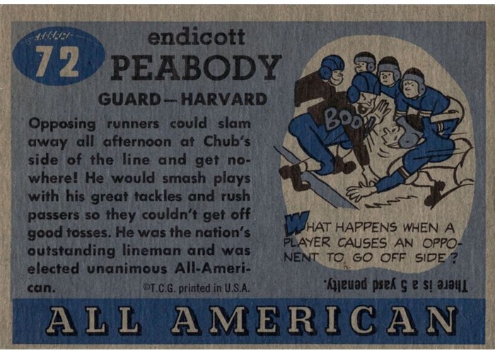 1955 Topps All-American #72 Chub Peabody card back