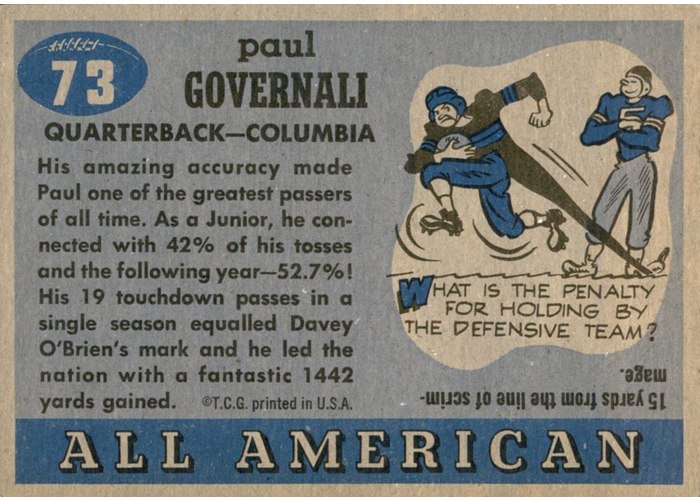 1955 Topps All-American #73 Paul Governali card back