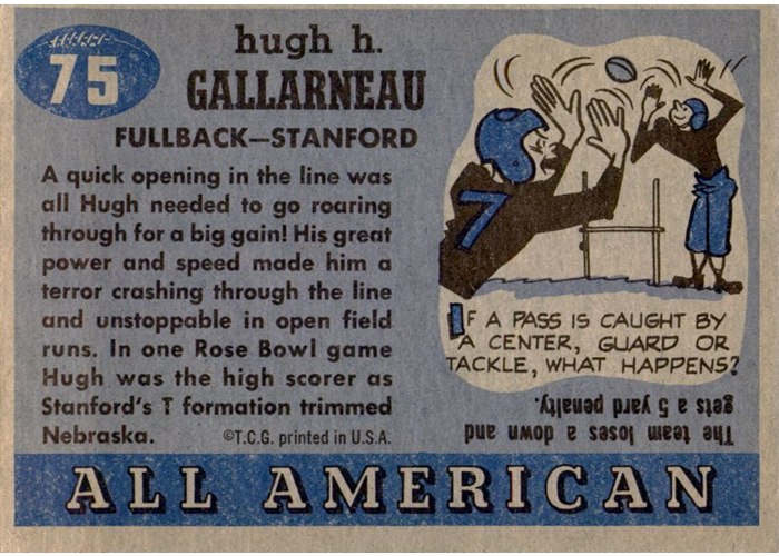 1955 Topps All-American #75 Hugh Gallarneau card back