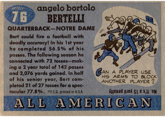 1955 Topps All-American #76 Angelo Bertelli card back