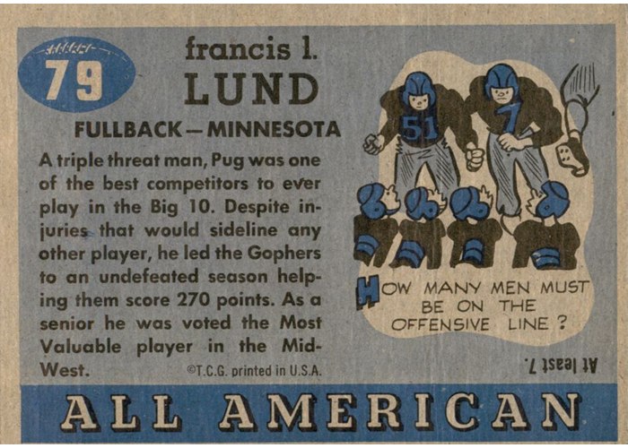 1955 Topps All-American #79 Pug Lund card back