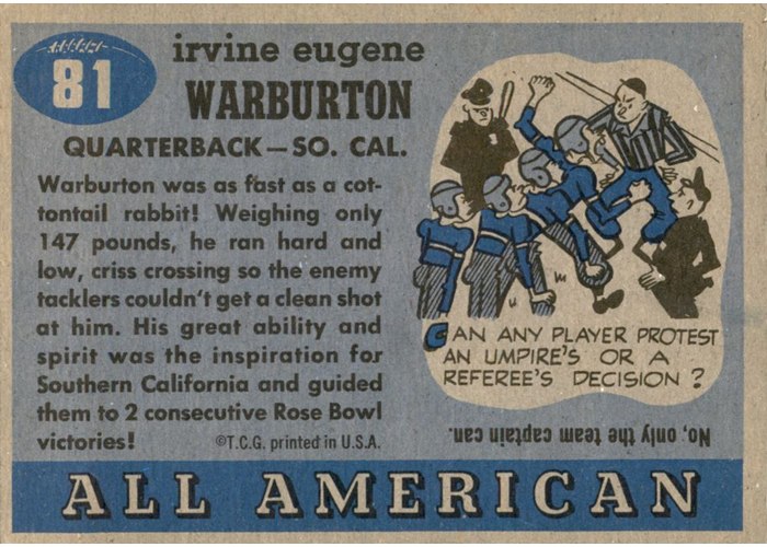 1955 Topps All-American #81 Cotton Warburton card back