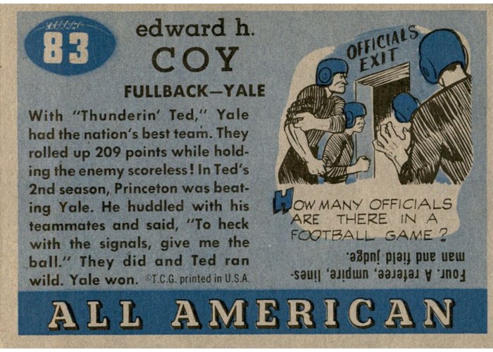 1955 Topps All-American #83 Ted Coy card back