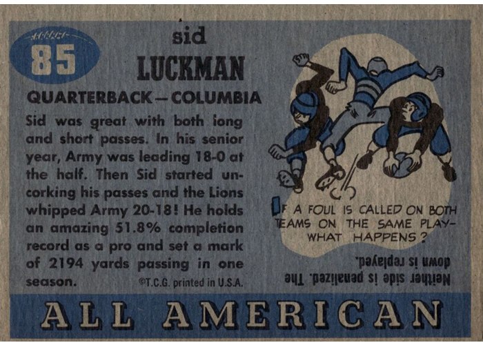 1955 Topps All-American #85 Sid Luckman card back