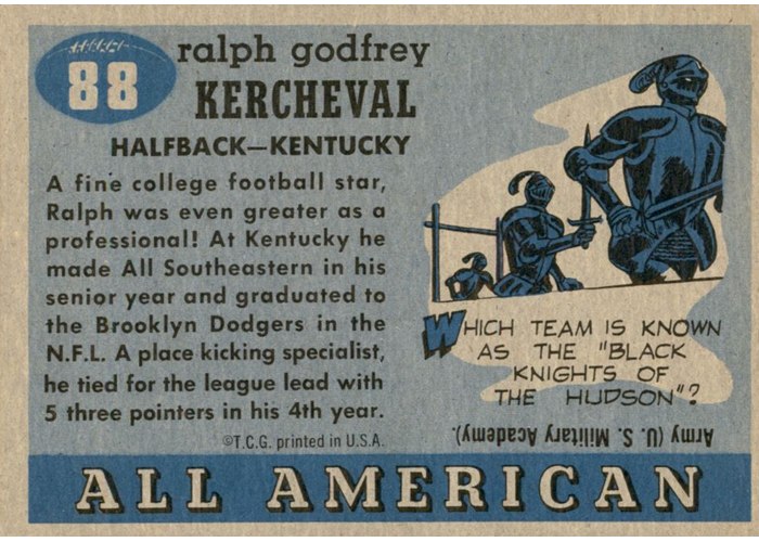 1955 Topps All-American #88 Ralph Kercheval card back